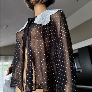 Zara Sheer Black Polka Dot Cape Top with White Collar Size Small